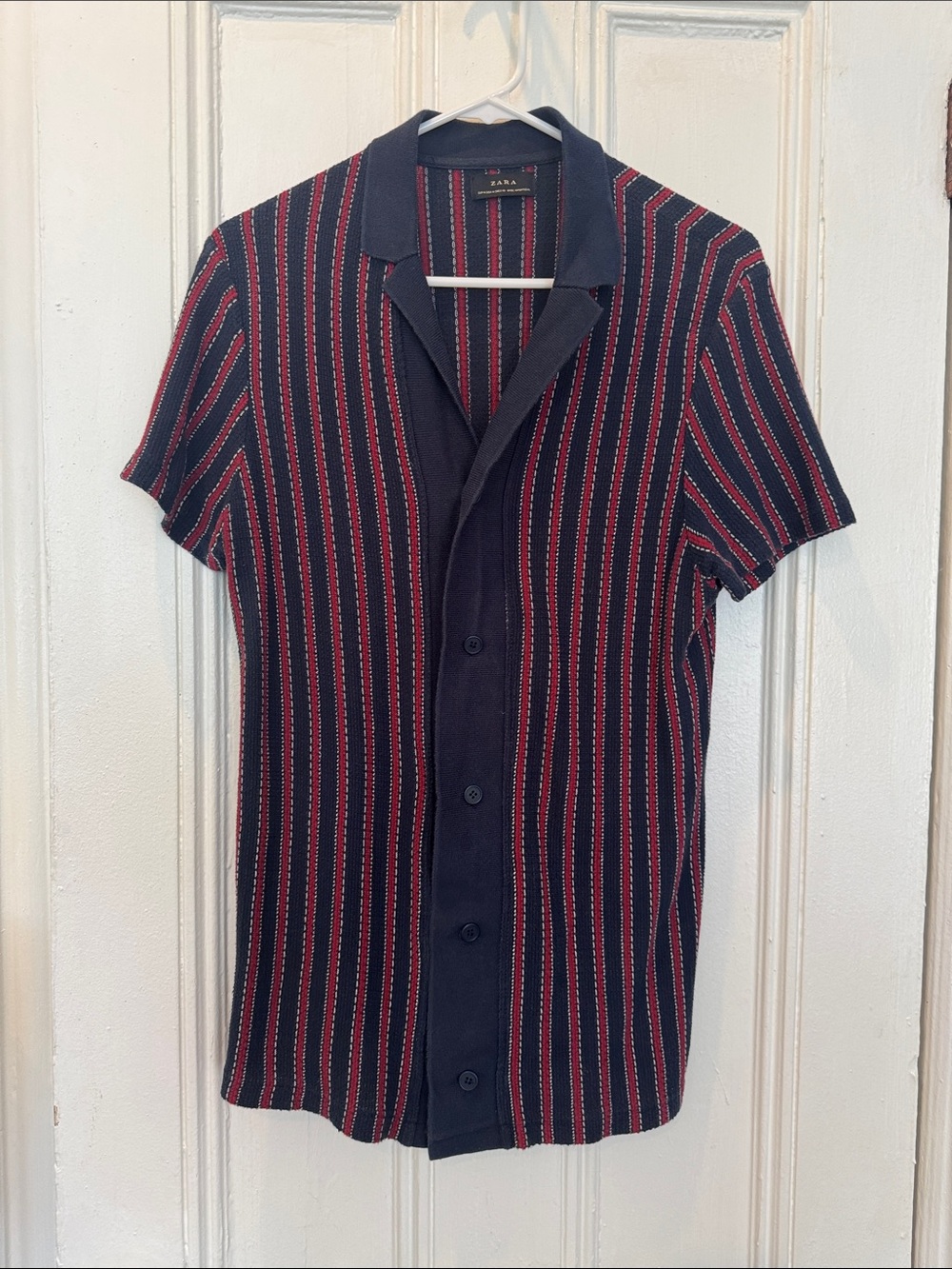 Zara Navy and Red Striped Button-Down Casual Shirt